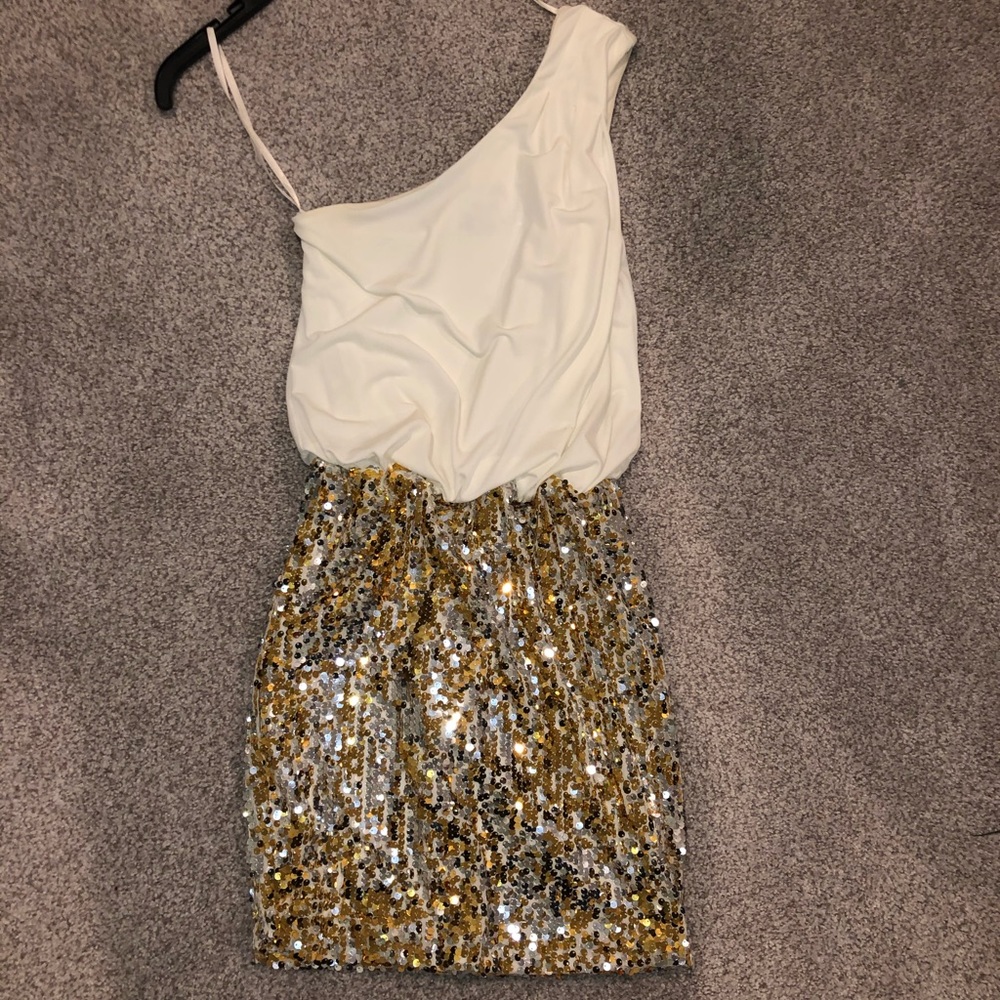 One Shoulder White, Silver, & Gold Cocktail Dress